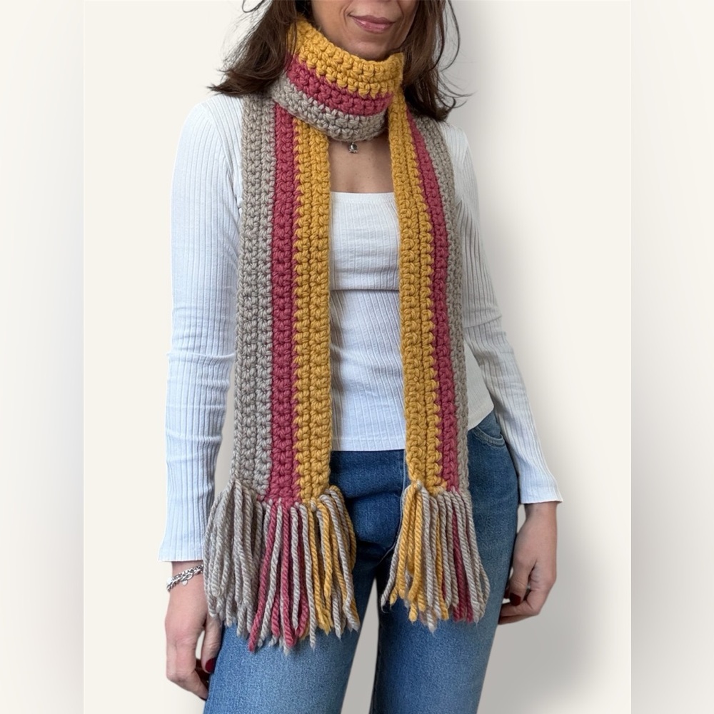 Hand Crochet Color Block Skinny Long Scarf - Picture 1 of 7